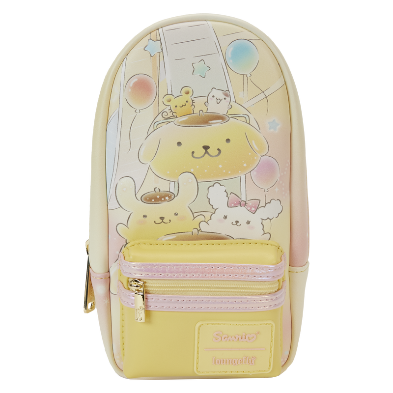 Image of our Sanrio Pompompurin mini backpack pencil case featuring Pompompurin, Macaroon, Scone, and Muffin on a roller coaster